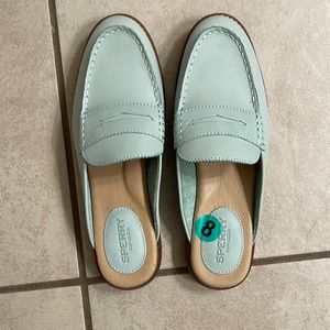 Sperry mint colored open back loafers.